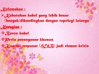 Kelemahan :
Kebutuhan kabel yang lebih besar
(banyak)dibandingkan dengan topologi lainnya
Kerugian :
Boros kabel
Perlu penanganan khusus
Kontrol terpusat (HUB) jadi elemen kritis

 