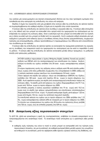 9.9. ΑΠΟΜΕΙΩΣΗ ΑΞΙΑΣ ΠΕΡΙΟΥΣΙΑΚΩΝ ΣΤΟΙΧΕΙΩΝ 131
που κατέχει µία αναγνωρισµένη και σχετική επαγγελµατική ιδιότητα και που έχει πρόσφατη εµπειρία στην
τοποθεσία και στην κατηγορία της επένδυσης που είναι υπό εκτίµηση.
Κέρδος ή Ϲηµία που προκύπτει από µία µεταβολή στην εύλογη αξία της επένδυσης σε ακίνητα πρέπει
να συµπεριλαµβάνεται στο καθαρό κέρδος ή Ϲηµία για τη περίοδο στην οποία προκύπτει.
Η εύλογη αξία της επένδυσης σε ακίνητα είναι συνήθως η αγοραία αξία της. Η εύλογη αξία αποτιµάται
ως η πιο πιθανή τιµή που µπορεί να επιτευχθεί στην αγορά κατά την ηµεροµηνία του ισολογισµού µε την
επιφύλαξη του ορισµού της εύλογης αξίας. Είναι η καλύτερη τιµή που µπορεί να επιτευχθεί από τον πωλητή
και η πλέον ευνοϊκή τιµή που µπορεί να δοθεί από τον αγοραστή. Αυτή η εκτίµηση ειδικά αποκλείει µία τιµή
αυξηµένη ή µειωµένη από ειδικούς όρους ή συνθήκες τέτοιες όπως άτυπης χρηµατοδότησης, συµφωνιών
πώλησης και επανεκµίσθωσης, ειδικών προϋποθέσεων ή παραχωρήσεων που δίδονται από οποιονδήποτε
που συνδέεται µε την πώληση.
Η εύλογη αξία της επένδυσης σε ακίνητα πρέπει να αντανακλά την πραγµατική κατάσταση της αγοράς
και τις συνθήκες που επικρατούν κατά την ηµεροµηνία του ισολογισµού και όχι κατά το παρελθόν ή κατά
το µέλλον. Η εύλογη αξία της επένδυσης σε ακίνητα αντανακλά µεταξύ άλλων πραγµάτων, το µισθωτικό
έσοδο από τρέχουσες µισθώσεις.
ΑΥΞΗΣΗ εσόδων παρουσίασε ο όµιλος Μπάµπης Βωβός ∆ιεθνής Τεχνική και µεγάλη
αύξηση των ΕΒΙΤ∆Α από την αναπροσαρµογή των επενδυτικών του παγίων. Αναλυτι-
κότερα τα έσοδα του οµίλου ανήλθαν στα 24 εκατ. ευρώ, καταγράφοντας αύξηση
30%.
Οι κύριοι παράγοντες αυτής της αύξησης είναι η αύξηση κατά 9% από έσοδα µισθώ-
σεων, κυρίως από νέες µισθωτικές συµφωνίες που υπογράφηκαν το 2005, καθώς και
η πώληση οικιστικών κυρίως ακινήτων που συνεισέφεραν 3,8 εκατ. ευρώ.
΄Οσον αφορά στα κέρδη προ ϕόρων, τόκων και αποσβέσεων (EBITDA) του Οµίλου,
ανήλθαν στα 140 εκατ. ευρώ από περίπου 50 εκ. ευρώ το πρώτο εξαµήνου του
2005. Αυτό οφείλεται κυρίως σε κέρδη από αναπροσαρµογή επενδυτικών παγίων σε
εύλογες αξίες. Τα κέρδη µετά από ϕόρους του οµίλου διαµορφώθηκαν στα 97,7 εκ.
ευρώ από 18,8 εκ. ευρώ το πρώτο εξάµηνο του 2005.
Σε επίπεδο µητρικής ο κύκλος εργασιών αυξήθηκε στα 19 εκ. ευρώ από 15,2 εκ.
ευρώ ενώ τα κέρδη προ ϕόρων χρηµατοδοτικών και επενδυτικών αποτελεσµάτων
διαµορφώθηκαν στα 9,5 εκ. ευρώ. Η µητρική κατέγραψε Ϲηµιές µετά ϕόρων 1,22 εκ.
ευρώ από Ϲηµιές 18,3 εκ. ευρώ την αντίστοιχη περυσινή περίοδο.
Τα επενδυτικά ακίνητα του οµίλου για το πρώτο εξάµηνο του 2006 ανήλθαν στα 1,12
δις. ευρώ καταγράφοντας αύξηση 63% σε σύγκριση µε το πρώτο εξάµηνο του 2005.
Το σύνολο των υποχρεώσεων του οµίλου στις 30 Ιουνίου του τρέχοντος έτους ανήλθε
στα 726 εκ. ευρώ, ενώ σε επίπεδο µητρικής στα 539 εκ. ευρώ.
9.9 Αποµείωση αξίας περιουσιακών στοιχείων
Το ∆ΛΠ 36, αλλά και γενικότερα η αρχή της συντηρητικότητας, επιβάλλει τα στοιχεία ενεργητικού να α-
ναπροσαρµόζονται στο ανακτήσιµο ποσό. Το ανακτήσιµο ποσό αποτιµάται ως η υψηλότερη αξία µεταξύ
της:
• καθαρής τιµής πώλησης που είναι το ποσό το οποίο µπορεί να εισπραχθεί από την πώληση ενός
περιουσιακού στοιχείου, σε µια συναλλαγή, σε καθαρά εµπορική ϐάση µεταξύ µερών που γνωρίζουν
και επιθυµούν τη συναλλαγή, µετά την αφαίρεση κάθε άµεσου οριακού κόστους της διάθεσης, και
 