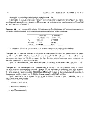 144 ΚΕΦΑΛΑΙΟ 9. ΛΟΓΙΣΤΙΚΗ ΕΝΣΩΜΑΤΩΝ ΠΑΓΙΩΝ
Τα άχρηστα υλικά από την κατεδάφιση πωλήθηκαν για ¤1.500.
Τι κόστος ϑα πρέπει να καταγραφεί για τη γη και το κτίριο αντίστοιχα µετά την ολοκλήρωση του κτιρίου
στις λογιστικές καταστάσεις της εταιρείας; Εξετάστε και την περίπτωση που η επιχείρηση εφαρµόζει τα ∆ΛΠ
και αυτή που εφαρµόζει το ΕΓΛΣ.
΄Ασκηση 21 Την 1 Ιουλίου 20Ξ8, η Πόλις ΕΠΕ αγόρασε για ¤540.000 µία αποθήκη εµπορευµάτων και τη
γη επί της οποίας ϐρίσκεται. ∆ίνονται τα ακόλουθα στοιχεία σχετικά µε την ιδιοκτησία:
Τρέχουσα
εκτιµηθείσα αξία
Τιµή κτήσης
από πωλητή
Γη ¤200.000 ¤140.000
Αποθήκη 300.000 280.000
Σύνολο ¤500.000 ¤420.000
Με τι ποσό ϑα πρέπει να εµανίσει η Πόλις το οικόπεδο στις οικονοµικές της καταστάσεις;
΄Ασκηση 22 Η Πελαργός Κατασκευαστική ξεκίνησε την κατασκευή ενός κτιρίου γραφείων για ιδία χρήση
την 1 Ιανουαρίου 20Χ3. Η Πελαργός υποβλήθηκε σε τόκους ¤100.000 για δάνειο που έλαβε ειδικά για την
κατασκευή του κτιρίου και ¤40.000 επί άλλων δανείων. Οι τόκοι που υπολογίστηκαν για την κατασκευή του
εν λόγω κτιρίου κατά το 20Χ3 ήταν ¤80.000.
Ζητείται να υπολογίσετε τι κόστους δανεισµού ϑα έπρεπε να κεφαλαιοποιήσει η Πελαργός κατά το 20Χ3;
΄Ασκηση 23 Στις 2 Ιανουαρίου 20Χ7, η Βιοµηχανικής ΑΤΕΒΕ αγόρασε ένα µηχάνηµα έναντι ¤216.000.
Το µηχάνηµα είχε οκταετή προβλεπόµενη ωφέλιµη Ϲωή και προβλεπόµενη υπολειµµατική αξία ¤36.000.
Η Ηαλφ αναµένει να κατασκευάσει 1.800.000 µονάδες προϊόντος µε το συγκεκριµένο µηχάνηµα κατά τη
διάρκεια της ωφέλιµης Ϲωής του. Το 20Χ8, η Ηαλφ κατασκεύασε 200.000 µονάδες.
Ζητείται να υπολογίσετε το έξοδο απόσβεσης για το 20Χ85 (το δεύτερο χρόνο ιδιοκτησίας) για το εν
λόγω µηχάνηµα µε τη µέθοδο:
1. Σσταθερής απόσβεσης
2. Φθίνουσας απόσβεσης
3. Μονάδων παραγωγής
 