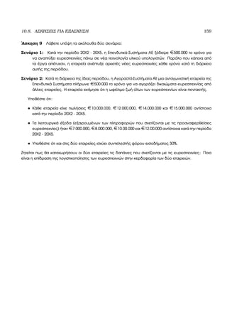 10.8. ΑΣΚΗΣΕΙΣ ΓΙΑ ΕΞΑΣΚΗΣΗ 159
΄Ασκηση 9 Λάβετε υπόψη τα ακόλουθα δύο σενάρια:
Σενάριο 1: Κατά την περίοδο 20Χ2 - 20Χ5, η Επενδυτικά Συστήµατα ΑΕ ξόδεψε ¤500.000 το χρόνο για
να αναπτύξει ευρεσιτεχνίες πάνω σε νέα τεχνολογία υλικού υπολογιστών. Παρόλο που κάποια από
τα έργα απέτυχαν, η εταιρεία ανέπτυξε αρκετές νέες ευρεσιτεχνίες κάθε χρόνο κατά τη διάρκεια
αυτής της περιόδου.
Σενάριο 2: Κατά τη διάρκεια της ίδιας περιόδου, η Αγοραστά Συστήµατα ΑΕ µια ανταγωνιστική εταιρεία της
Επενδυτικά Συστήµατα πλήρωνε ¤500.000 το χρόνο για να αγοράζει δικαιώµατα ευρεσιτεχνίας από
άλλες εταιρείες. Η εταιρεία εκτίµησε ότι η ωφέλιµο Ϲωή όλων των ευρεσιτεχνίων είναι πενταετής.
Υποθέστε ότι:
• Κάθε εταιρεία είχε πωλήσεις ¤10.000.000, ¤12.000.000, ¤14.000.000 και ¤15.000.000 αντίστοιχα
κατά την περίοδο 20Χ2 - 20Χ5.
• Τα λειτουργικά έξοδα (εξαιρουµένων των πληροφοριών που σχετίζονται µε τις προαναφερθείσες
ευρεσιτεχνίες) ήταν ¤7.000.000, ¤8.000.000, ¤10.00.000 και ¤12.00.000 αντίστοιχα κατά την περίοδο
20Χ2 - 20Χ5.
• Υποθέστε ότι και στις δύο εταιρείες ισχύει συντελεστής ϕόρου εισοδήµατος 30%.
Ζητείται πως ϑα καταχωρήσουν οι δύο εταιρείες τις δαπάνες που σχετίζονται µε τις ευρεσιτεχνίες; Ποια
είναι η επίδραση της λογιστικοποίησης των ευρεσιτεχνιών στην κερδοφορία των δύο εταιρειών.
 
