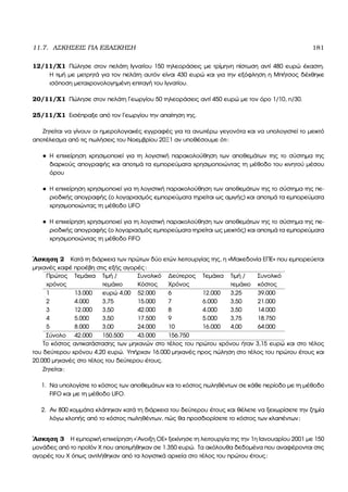 11.7. ΑΣΚΗΣΕΙΣ ΓΙΑ ΕΞΑΣΚΗΣΗ 181
12/11/Χ1 Πώλησε στον πελάτη Ιγνατίου 150 τηλεοράσεις µε τρίµηνη πίστωση αντί 480 ευρώ έκαστη.
Η τιµή µε µετρητά για τον πελάτη αυτόν είναι 430 ευρώ και για την εξόφληση η Μπήτσος δέχθηκε
ισόποση µεταχρονολογηµένη επιταγή του Ιγνατίου.
20/11/Χ1 Πώλησε στον πελάτη Γεωργίου 50 τηλεοράσεις αντί 450 ευρώ µε τον όρο 1/10, n/30.
25/11/Χ1 Εισέπραξε από τον Γεωργίου την απαίτηση της.
Ζητείται να γίνουν οι ηµερολογιακές εγγραφές για τα ανωτέρω γεγονότα και να υπολογιστεί το µεικτό
αποτέλεσµα από τις πωλήσεις του Νοεµβρίου 20Ξ1 αν υποθέσουµε ότι:
• Η επιχείρηση χρησιµοποιεί για τη λογιστική παρακολούθηση των αποθεµάτων της το σύστηµα της
διαρκούς απογραφής και αποτιµά τα εµπορεύµατα χρησιµοποιώντας τη µέθοδο του κινητού µέσου
όρου
• Η επιχείρηση χρησιµοποιεί για τη λογιστική παρακολούθηση των αποθεµάτων της το σύστηµα της πε-
ϱιοδικής απογραφής (ο λογαριασµός εµπορεύµατα τηρείται ως αµιγής) και αποτιµά τα εµπορεύµατα
χρησιµοποιώντας τη µέθοδο LIFO
• Η επιχείρηση χρησιµοποιεί για τη λογιστική παρακολούθηση των αποθεµάτων της το σύστηµα της πε-
ϱιοδικής απογραφής (ο λογαριασµός εµπορεύµατα τηρείται ως µεικτός) και αποτιµά τα εµπορεύµατα
χρησιµοποιώντας τη µέθοδο FIFO
΄Ασκηση 2 Κατά τη διάρκεια των πρώτων δύο ετών λειτουργίας της, η «Μακεδονία ΕΠΕ» που εµπορεύεται
µηχανές καφέ προέβη στις εξής αγορές:
Πρώτος Τεµάχια Τιµή / Συνολικό ∆εύτερος Τεµάχια Τιµή / Συνολικό
χρόνος τεµάχιο Κόστος Χρόνος τεµάχιο κόστος
1 13.000 ευρώ 4,00 52.000 6 12.000 3,25 39.000
2 4.000 3,75 15.000 7 6.000 3,50 21.000
3 12.000 3,50 42.000 8 4.000 3,50 14.000
4 5.000 3,50 17.500 9 5.000 3,75 18.750
5 8.000 3,00 24.000 10 16.000 4,00 64.000
Σύνολο 42.000 150.500 43.000 156.750
Το κόστος αντικατάστασης των µηχανών στο τέλος του πρώτου χρόνου ήταν 3,15 ευρώ και στο τέλος
του δεύτερου χρόνου 4,20 ευρώ. Υπήρχαν 16.000 µηχανές προς πώληση στο τέλος του πρώτου έτους και
20.000 µηχανές στο τέλος του δεύτερου έτους.
Ζητείται:
1. Να υπολογίστε το κόστος των αποθεµάτων και το κόστος πωληθέντων σε κάθε περίοδο µε τη µέθοδο
FIFO και µε τη µέθοδο LIFO.
2. Αν 800 κοµµάτια κλάπηκαν κατά τη διάρκεια του δεύτερου έτους και ϑέλετε να ξεχωρίσετε την Ϲηµία
λόγω κλοπής από το κόστος πωληθέντων, πώς ϑα προσδιορίσετε το κόστος των κλαπέντων;
΄Ασκηση 3 Η εµπορική επιχείρηση «΄Ανοιξη ΟΕ» ξεκίνησε τη λειτουργία της την 1η Ιανουαρίου 2001 µε 150
µονάδες από το προϊόν Χ που αποτιµήθηκαν σε 1.350 ευρώ. Τα ακόλουθα δεδοµένα που αναφέρονται στις
αγορές του Χ όπως αντλήθηκαν από τα λογιστικά αρχεία στο τέλος του πρώτου έτους:
 