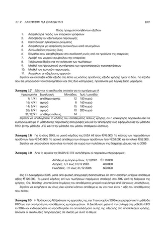 11.7. ΑΣΚΗΣΕΙΣ ΓΙΑ ΕΞΑΣΚΗΣΗ 187
Φύση πραγµατοποιηθέντων εξόδων
1. Ασφάλιστρα πυρός των εταιρικών γραφείων
2. Απόσβεση τον εξοπλισµού παραγωγής
3. Κατανάλωση ηλεκτρικού ϱεύµατος
4. Ασφάλιστρα για ασφάλιση αυτοκινήτων κατά ατυχηµάτων
5. Αναλωθείσες πρώτες ύλες
6. Royalties που καταβλήθηκαν στο σχεδιαστή ενός από τα προϊόντα της εταιρείας
7. Αµοιβή του νοµικού συµβούλου της εταιρείας
8. Ταξιδιωτικά έξοδα για την ενίσχυση των πωλήσεων
9. Μισθοί του προσωπικού συντήρησης των εργοστασιακών εγκαταστάσεων
10. Μισθοί των εργατών παραγωγής
11. Ασφάλιση αποζηµίωσης εργατών
Ζητείται να κατατάξτε κάθε έξοδο στη λίστα ως κόστος προϊόντος, έξοδο χρήσης ή και τα δύο. Για έξοδα
που ϑα µπορούσαν να κατανεµηθούν και στις δύο κατηγορίες, προτείνετε µία λογική ϐάση µερισµού.
΄Ασκηση 17 ∆ίδονται τα ακόλουθα στοιχεία για το εµπόρευµα Α
Ηµεροµηνία Συναλλαγή Μονάδες Τιµή / µονάδα
1/ 1/Χ1 απόθεµα αρχής 12 150 ευρώ
16/ 4/Χ1 αγορά 8 160 ευρώ
14/ 5/Χ1 αγορά 15 180 ευρώ
26/ 8/Χ1 αγορά 10 200 ευρώ
31/12/Χ1 απόθεµα τέλους 14 ;
Ζητείται να υπολογίσετε το κόστος του αποθέµατος τέλους χρήσης αν η επιχείρηση παρακολουθεί τα
εµπορεύµατα µε τη µέθοδο της περιοδικής απογραφής και για την αποτίµηση τους εφαρµόζει α) την µέθοδο
FIFO, ϐ) την µέθοδο LIFO και γ) την µέθοδο του µέσου σταθµικού κόστους.
΄Ασκηση 18 Για το έτος 20Χ5, το µεικτό κέρδος της ΕΛΣΑ ΑΕ ήταν ¤96.000. Το κόστος των παραχθέντων
προϊόντων ήταν ¤340.000. Το αρχικό απόθεµα των έτοιµων προϊόντων ήταν ¤38.000 και το τελικό ¤52.000 .
Ζητείται να υπολογίσετε ποιο είναι το ποσό σε ευρώ των πωλήσεων της Εταιρείας ∆υµας για το 2005·
΄Ασκηση 19 Από τα αρχεία της ΒΑΣΙΛΗΣ ΕΠΕ αντλήθηκαν οι παρακάτω πληροφορίες:
Απόθεµα εµπορευµάτων, 1/1/20Χ5 ¤110.000
Αγορές, 1/1 έως 31/12 20Χ5 450.000
Πωλήσεις, 1/1 έως 31/12 20Χ5 600.000
Στις 31 ∆εκεµβρίου 20Χ5, µετά από ϕυσική απογραφή διαπιστώθηκε ότι στην αποθήκη υπήρχε απόθεµα
αξίας ¤120.000. Το µεικτό κέρδος επί των πωλήσεων παρέµεινε σταθερό στο 30% κατά τη διάρκεια της
χρήσης. Ο κ. Βασίλης υποπτεύεται ότι µέρος του αποθέµατος µπορεί να κλάπηκε από κάποιους υπαλλήλους.
Ζητείται να εκτιµήσετε αν ότως έχει κλαπεί κάποιο απόθεµα κι αν ναι ποια είναι η αξία του αποθέµατος
που λείπει;
΄Ασκηση 20 Η Ναύπακτος ΑΕ ξεκίνησε τις εργασίες της την 1 Ιανουαρίου 20Χ5 και χρησιµοποιεί τη µέθοδο
FIFO για την αποτίµηση του αποθέµατος εµπορευµάτων. Η ∆ιεύθυνση µελετά την αλλαγή στη µέθοδο LIFO
το 20Χ6 και ενδιαφέρεται να προσδιορίσει τα αποτελέσµατα αυτής της αλλαγής στο αποτέλεσµα χρήσης.
∆ίνονται οι ακόλουθες πληροφορίες σε σχέση µε αυτό το ϑέµα:
 