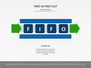 FIRST IN FIRST OUT
Replace this text

F

I

F

O

Example text
Go ahead and replace it with your
own text. This is an example text.
Go ahead and replace it with your
own text

Download the slides at www.slideshop.com/PowerPoint-FIFO-First-In-First-Out
COMPANY NAME
PRESENTER NAME

5I

 