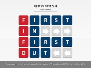 FIRST IN FIRST OUT
Replace this text

F

I

R

S

T

I

N

F

I

R

S

T

O

U

T

Download the slides at www.slideshop.com/PowerPoint-FIFO-First-In-First-Out
COMPANY NAME
PRESENTER NAME

1I

 