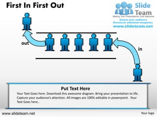 First In First Out



          out
                                                                                          in




                                     Put Text Here
       Your Text Goes here. Download this awesome diagram. Bring your presentation to life.
       Capture your audience’s attention. All images are 100% editable in powerpoint . Your
       Text Goes here..


www.slideteam.net                                                                             Your logo
 