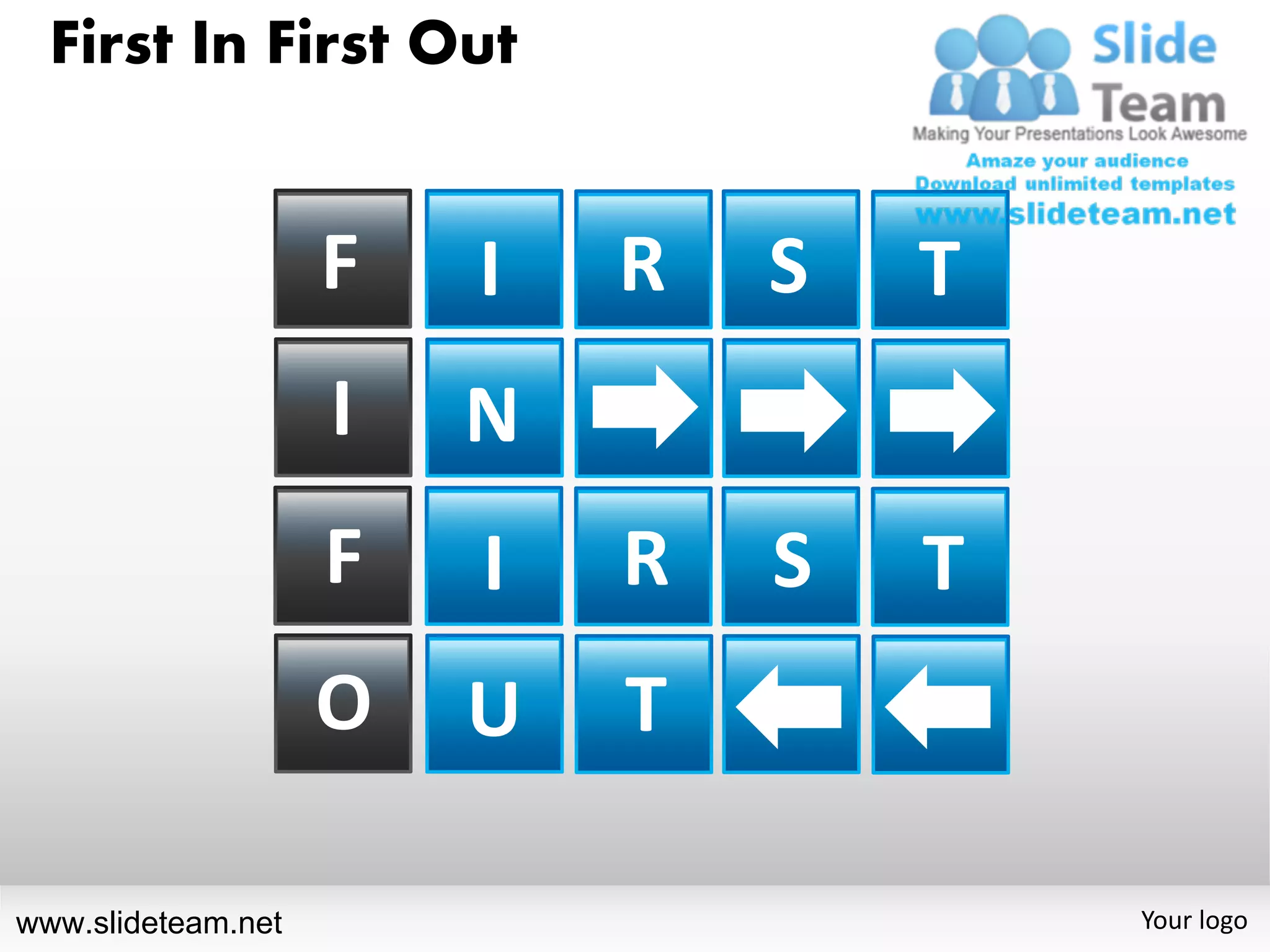 First In First Out


                    F   I   R   S   T
                    I   N
                    F   I   R   S   T
                    O   U   T

www.slideteam.net                       Your logo
 