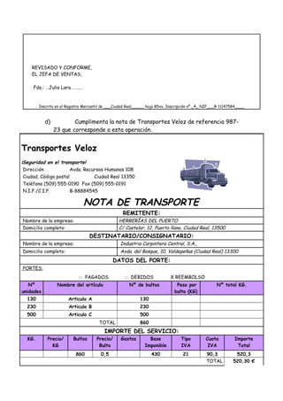 REVISADO Y CONFORME,
EL JEFA DE VENTAS,
Fdo.: …Julia Lara………..

Inscrita en el Registro Mercantil de ___Ciudad Real_____, hoja 85xx, Inscripción nº _4_ NIF___B-11147584____

d)

Cumplimenta la nota de Transportes Veloz de referencia 98723 que corresponde a esta operación.

Transportes Veloz
¡Seguridad en el transporte!
Dirección
Avda. Recursos Humanos 108
Ciudad, Código postal
Ciudad Real 13350
Teléfono (509) 555-0190 Fax (509) 555-0191
N.I.F./C.I.F.
B-88884545

NOTA DE TRANSPORTE
REMITENTE:
HERRERÍAS DEL PUERTO
C/ Castelar, 12, Puerto llano, Ciudad Real, 13500

Nombre de la empresa:
Domicilio completo:

DESTINATARIO/CONSIGNATARIO:
Nombre de la empresa:

Industria Carpintera Central, S.A.,

Domicilio completo:

Avda. del Bosque, 10, Valdepeñas (Ciudad Real) 13300

DATOS DEL PORTE:
PORTES:

□ PAGADOS

□

DEBIDOS

Nº
unidades

Nombre del artículo

Nº de bultos

130

Articulo A

130

230

Articulo B

230

500

Articulo C

X REEMBOLSO

500
TOTAL

Peso por
bulto (KG)

Nº total KG.

860

IMPORTE DEL SERVICIO:
KG.

Precio/
KG

Bultos

Precio/
Bulto

860

0,5

Gastos

Base
Imponible

Tipo
IVA

430

21

Cuota
IVA
90,3
TOTAL

Importe
Total
520,3
520,30 €

 