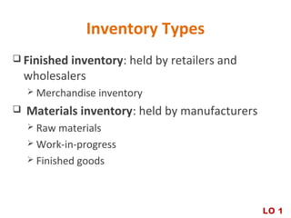 Inventory Types
 Finished inventory: held by retailers and
wholesalers
 Merchandise inventory
 Materials inventory: held by manufacturers
 Raw materials
 Work-in-progress
 Finished goods
LO 1
 
