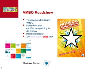 66
VMBO Roadshow
 Tweedejaars leerlingen
VMBO
 Nadenken over
carrière en opleiding in
de horeca
 Interactief lesuur
 Zie www.svh.nl: rode blok
 