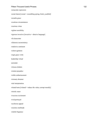 Fifteen Thousand Useful Phrases 122
vernacular expression
vernal charm [vernal = resembling spring; fresh; youthful]
versatile grace
vexatious circumstances
vicarious virtue
vigilant sensibility
vigorous invective [invective = abusive language]
vile desecrater
villainous inconsistency
vindictive sentiment
violent agitation
virgin grace virile
leadership virtual
surrender
virtuous disdain
virulent prejudice
visible embarrassment
visionary dreamer
vital interpretation
vitiated taste [vitiated = reduce the value; corrupt morally]
vitriolic sneer
vivacious excitement
vivid portrayal
vociferous appeal
voiceless multitude
volatile fragrance
 