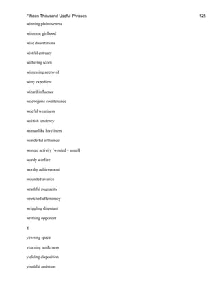 Fifteen Thousand Useful Phrases 125
winning plaintiveness
winsome girlhood
wise dissertations
wistful entreaty
withering scorn
witnessing approval
witty expedient
wizard influence
woebegone countenance
woeful weariness
wolfish tendency
womanlike loveliness
wonderful affluence
wonted activity [wonted = usual]
wordy warfare
worthy achievement
wounded avarice
wrathful pugnacity
wretched effeminacy
wriggling disputant
writhing opponent
Y
yawning space
yearning tenderness
yielding disposition
youthful ambition
 