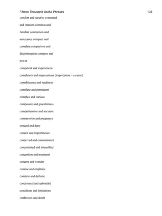 Fifteen Thousand Useful Phrases 135
comfort and security command
and threaten common and
familiar commotion and
annoyance compact and
complete comparison and
discrimination compass and
power
competent and experienced
complaints and imprecations [imprecation = a curse]
complaisance and readiness
complete and permanent
complex and various
composure and gracefulness
comprehensive and accurate
compression and pregnancy
conceal and deny
conceit and impertinence
conceived and consummated
concentrated and intensified
conception and treatment
concern and wonder
concise and emphatic
concrete and definite
condemned and upbraided
conditions and limitations
confession and doubt
 