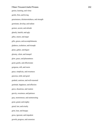 Fifteen Thousand Useful Phrases 202
genius, learning, and virtue
gentle, firm, and loving
genuineness, disinterestedness, and strength
germinate, develop, and radiate
gesture, accent, and attitude
ghastly, hateful, and ugly
gibes, sneers, and anger
gifts, graces, and accomplishments
gladness, exaltation, and triumph
glean, gather, and digest
gloomy, silent, and tranquil
glow, grace, and pleasantness
good, gentle, and affectionate
gorgeous, still, and warm
grace, simplicity, and sweetness
gracious, mild, and good
gradual, cautious, and well-reasoned
gratitude, happiness, and affection
grave, disastrous, and wanton
gravity, sweetness, and patience
gray, monotonous, and uninteresting
great, grand, and mighty
greed, lust, and cruelty
grim, lean, and hungry
gross, ignorant, and impudent
growth, progress, and extension
 