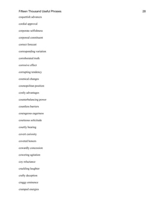 Fifteen Thousand Useful Phrases 28
coquettish advances
cordial approval
corporate selfishness
corporeal constituent
correct forecast
corresponding variation
corroborated truth
corrosive effect
corrupting tendency
cosmical changes
cosmopolitan position
costly advantages
counterbalancing power
countless barriers
courageous eagerness
courteous solicitude
courtly bearing
covert curiosity
coveted honors
cowardly concession
cowering agitation
coy reluctance
crackling laughter
crafty deception
craggy eminence
cramped energies
 
