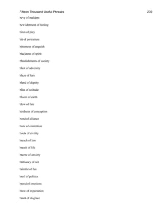 Fifteen Thousand Useful Phrases 239
bevy of maidens
bewilderment of feeling
birds of prey
bit of portraiture
bitterness of anguish
blackness of spirit
blandishments of society
blast of adversity
blaze of fury
blend of dignity
bliss of solitude
bloom of earth
blow of fate
boldness of conception
bond of alliance
bone of contention
bouts of civility
breach of law
breath of life
breeze of anxiety
brilliancy of wit
brimful of fun
broil of politics
brood of emotions
brow of expectation
brunt of disgrace
 