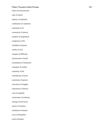 Fifteen Thousand Useful Phrases 241
cloak of ecclesiasticism
code of morals
cogency of argument
combination of calamities
command of wit
community of interest
compass of imagination
complexity of life
confidence of genius
conflict of will
conquest of difficulty
consciousness of peril
constellation of luminaries
contagion of conflict
continuity of life
contradiction of terms
contrariety of opinion
convulsion of laughter
copiousness of diction
cord of sympathy
countenance of authority
courage of conviction
course of existence
courtliness of manner
cover of hospitality
crash of thunder
 
