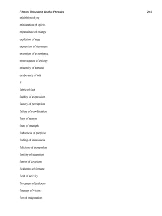 Fifteen Thousand Useful Phrases 245
exhibition of joy
exhilaration of spirits
expenditure of energy
explosion of rage
expression of sternness
extension of experience
extravagance of eulogy
extremity of fortune
exuberance of wit
F
fabric of fact
facility of expression
faculty of perception
failure of coordination
feast of reason
feats of strength
feebleness of purpose
feeling of uneasiness
felicities of expression
fertility of invention
fervor of devotion
fickleness of fortune
field of activity
fierceness of jealousy
fineness of vision
fire of imagination
 