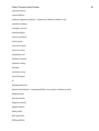 Fifteen Thousand Useful Phrases 30
cultivated ferocity
cultured idleness
cumbrous fragments [cumbrous = cumbersome; difficult to handle or use]
cumulative tendency
cunningly contrived
curbed profligacy
curious coincidence
current gossip
curry favor cursed
inactivity cursory
acquaintance curt
formality curtained
embrasure cutting
directness
cycloramic sweep
cynical disregard
D
damaging admission
damask cheek [damask = rich patterned fabric; wavy pattern on Damascus steel]
dampened ardor
dancing sunshine
dangerous temerity
dappled shadows
daring candor
dark superstition
dashing gallantry
 