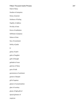 Fifteen Thousand Useful Phrases 247
freak of fancy
freedom of enterprise
frenzy of pursuit
freshness of feeling
frigidity of address
frivolity of tone
frown of meditation
fulfilment of purpose
fulness of time
fury of resentment
futility of pride
G
gaiety of spirit
gales of laughter
garb of thought
garlands of roses
gateway of fancy
gem of truth
genuineness of sentiment
gesture of despair
gift of repartee
glamor of sensationalism
glare of scrutiny
gleam of light glib of
speech glimmer of
suspicion
 