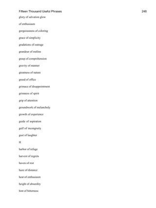 Fifteen Thousand Useful Phrases 248
glory of salvation glow
of enthusiasm
gorgeousness of coloring
grace of simplicity
gradations of outrage
grandeur of outline
grasp of comprehension
gravity of manner
greatness of nature
greed of office
grimace of disappointment
grimness of spirit
grip of attention
groundwork of melancholy
growth of experience
guide of aspiration
gulf of incongruity
gust of laughter
H
harbor of refuge
harvest of regrets
haven of rest
haze of distance
heat of enthusiasm
height of absurdity
hint of bitterness
 