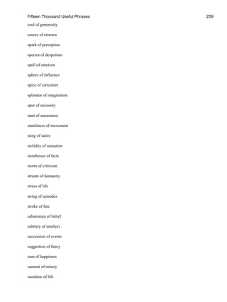 Fifteen Thousand Useful Phrases 259
soul of generosity
source of renown
spark of perception
species of despotism
spell of emotion
sphere of influence
spice of caricature
splendor of imagination
spur of necessity
start of uneasiness
stateliness of movement
sting of satire
stolidity of sensation
storehouse of facts
storm of criticism
stream of humanity
stress of life
string of episodes
stroke of fate
substratum of belief
subtlety of intellect
succession of events
suggestion of fancy
sum of happiness
summit of misery
sunshine of life
 