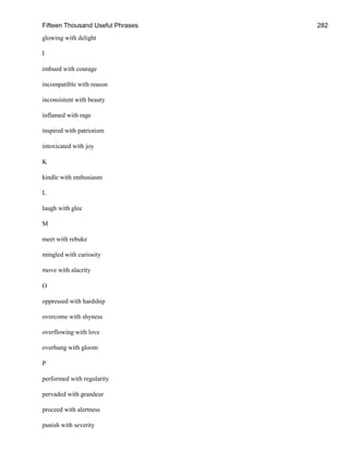 Fifteen Thousand Useful Phrases 282
glowing with delight
I
imbued with courage
incompatible with reason
inconsistent with beauty
inflamed with rage
inspired with patriotism
intoxicated with joy
K
kindle with enthusiasm
L
laugh with glee
M
meet with rebuke
mingled with curiosity
move with alacrity
O
oppressed with hardship
overcome with shyness
overflowing with love
overhung with gloom
P
performed with regularity
pervaded with grandeur
proceed with alertness
punish with severity
 