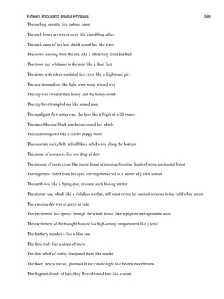 Fifteen Thousand Useful Phrases 396
The curling wreaths like turbans seem
The dark hours are swept away like crumbling ashes
The dark mass of her hair shook round her like a sea
The dawn is rising from the sea, like a white lady from her bed
The dawn had whitened in the mist like a dead face
The dawn with silver-sandaled feet crept like a frightened girl.
The day stunned me like light upon some wizard way
The day was sweeter than honey and the honey-comb
The day have trampled me like armed men
The dead past flew away over the fens like a flight of wild swans
The deep like one black maelstrom round her whirls
The deepening east like a scarlet poppy burnt
The desolate rocky hills rolled like a solid wave along the horizon
The dome of heaven is like one drop of dew
The dreams of poets come like music heard at evening from the depth of some enchanted forest
The eagerness faded from his eyes, leaving them cold as a winter sky after sunset
The earth was like a frying-pan, or some such hissing matter
The eternal sea, which like a childless mother, still must croon her ancient sorrows to the cold white moon
The evening sky was as green as jade
The excitement had spread through the whole house, like a piquant and agreeable odor
The excitement of the thought buoyed his high-strung temperament like a tonic
The feathery meadows like a lilac sea
The firm body like a slope of snow
The first whiff of reality dissipated them like smoke
The floor, newly waxed, gleamed in the candle-light like beaten moonbeams
The fragrant clouds of hair, they flowed round him like a snare
 