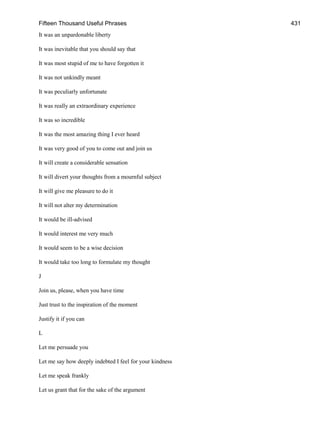 Fifteen Thousand Useful Phrases 431
It was an unpardonable liberty
It was inevitable that you should say that
It was most stupid of me to have forgotten it
It was not unkindly meant
It was peculiarly unfortunate
It was really an extraordinary experience
It was so incredible
It was the most amazing thing I ever heard
It was very good of you to come out and join us
It will create a considerable sensation
It will divert your thoughts from a mournful subject
It will give me pleasure to do it
It will not alter my determination
It would be ill-advised
It would interest me very much
It would seem to be a wise decision
It would take too long to formulate my thought
J
Join us, please, when you have time
Just trust to the inspiration of the moment
Justify it if you can
L
Let me persuade you
Let me say how deeply indebted I feel for your kindness
Let me speak frankly
Let us grant that for the sake of the argument
 