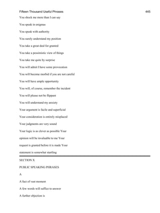 Fifteen Thousand Useful Phrases 445
You shock me more than I can say
You speak in enigmas
You speak with authority
You surely understand my position
You take a great deal for granted
You take a pessimistic view of things
You take me quite by surprise
You will admit I have some provocation
You will become morbid if you are not careful
You will have ample opportunity
You will, of course, remember the incident
You will please not be flippant
You will understand my anxiety
Your argument is facile and superficial
Your consideration is entirely misplaced
Your judgments are very sound
Your logic is as clever as possible Your
opinion will be invaluable to me Your
request is granted before it is made Your
statement is somewhat startling
SECTION X
PUBLIC SPEAKING PHRASES
A
A fact of vast moment
A few words will suffice to answer
A further objection is
 