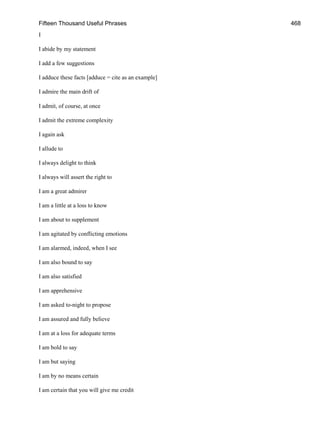 Fifteen Thousand Useful Phrases 468
I
I abide by my statement
I add a few suggestions
I adduce these facts [adduce = cite as an example]
I admire the main drift of
I admit, of course, at once
I admit the extreme complexity
I again ask
I allude to
I always delight to think
I always will assert the right to
I am a great admirer
I am a little at a loss to know
I am about to supplement
I am agitated by conflicting emotions
I am alarmed, indeed, when I see
I am also bound to say
I am also satisfied
I am apprehensive
I am asked to-night to propose
I am assured and fully believe
I am at a loss for adequate terms
I am bold to say
I am but saying
I am by no means certain
I am certain that you will give me credit
 