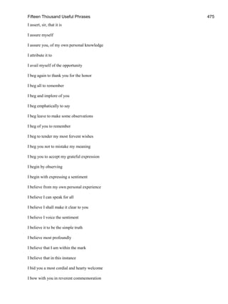 Fifteen Thousand Useful Phrases 475
I assert, sir, that it is
I assure myself
I assure you, of my own personal knowledge
I attribute it to
I avail myself of the opportunity
I beg again to thank you for the honor
I beg all to remember
I beg and implore of you
I beg emphatically to say
I beg leave to make some observations
I beg of you to remember
I beg to tender my most fervent wishes
I beg you not to mistake my meaning
I beg you to accept my grateful expression
I begin by observing
I begin with expressing a sentiment
I believe from my own personal experience
I believe I can speak for all
I believe I shall make it clear to you
I believe I voice the sentiment
I believe it to be the simple truth
I believe most profoundly
I believe that I am within the mark
I believe that in this instance
I bid you a most cordial and hearty welcome
I bow with you in reverent commemoration
 