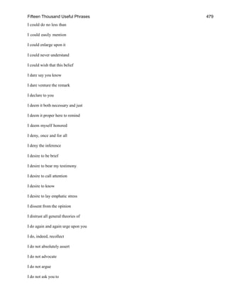 Fifteen Thousand Useful Phrases 479
I could do no less than
I could easily mention
I could enlarge upon it
I could never understand
I could wish that this belief
I dare say you know
I dare venture the remark
I declare to you
I deem it both necessary and just
I deem it proper here to remind
I deem myself honored
I deny, once and for all
I deny the inference
I desire to be brief
I desire to bear my testimony
I desire to call attention
I desire to know
I desire to lay emphatic stress
I dissent from the opinion
I distrust all general theories of
I do again and again urge upon you
I do, indeed, recollect
I do not absolutely assert
I do not advocate
I do not argue
I do not ask you to
 