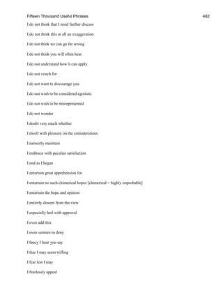 Fifteen Thousand Useful Phrases 482
I do not think that I need further discuss
I do not think this at all an exaggeration
I do not think we can go far wrong
I do not think you will often hear
I do not understand how it can apply
I do not vouch for
I do not want to discourage you
I do not wish to be considered egotistic
I do not wish to be misrepresented
I do not wonder
I doubt very much whether
I dwell with pleasure on the considerations
I earnestly maintain
I embrace with peculiar satisfaction
I end as I began
I entertain great apprehension for
I entertain no such chimerical hopes [chimerical = highly improbable]
I entertain the hope and opinion
I entirely dissent from the view
I especially hail with approval
I even add this
I even venture to deny
I fancy I hear you say
I fear I may seem trifling
I fear lest I may
I fearlessly appeal
 