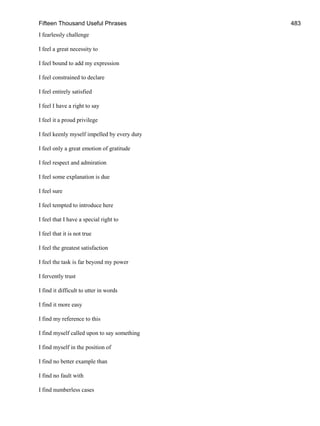 Fifteen Thousand Useful Phrases 483
I fearlessly challenge
I feel a great necessity to
I feel bound to add my expression
I feel constrained to declare
I feel entirely satisfied
I feel I have a right to say
I feel it a proud privilege
I feel keenly myself impelled by every duty
I feel only a great emotion of gratitude
I feel respect and admiration
I feel some explanation is due
I feel sure
I feel tempted to introduce here
I feel that I have a special right to
I feel that it is not true
I feel the greatest satisfaction
I feel the task is far beyond my power
I fervently trust
I find it difficult to utter in words
I find it more easy
I find my reference to this
I find myself called upon to say something
I find myself in the position of
I find no better example than
I find no fault with
I find numberless cases
 