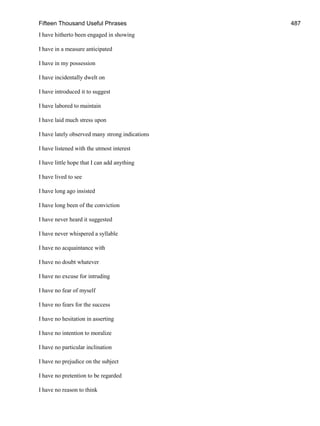 Fifteen Thousand Useful Phrases 487
I have hitherto been engaged in showing
I have in a measure anticipated
I have in my possession
I have incidentally dwelt on
I have introduced it to suggest
I have labored to maintain
I have laid much stress upon
I have lately observed many strong indications
I have listened with the utmost interest
I have little hope that I can add anything
I have lived to see
I have long ago insisted
I have long been of the conviction
I have never heard it suggested
I have never whispered a syllable
I have no acquaintance with
I have no doubt whatever
I have no excuse for intruding
I have no fear of myself
I have no fears for the success
I have no hesitation in asserting
I have no intention to moralize
I have no particular inclination
I have no prejudice on the subject
I have no pretention to be regarded
I have no reason to think
 