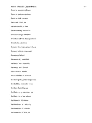 Fifteen Thousand Useful Phrases 507
I want to say one word more
I want to say to you seriously
I want to think with you
I warn and exhort you
I was astonished to learn
I was constantly watchful to
I was exceedingly interested
I was honored with the acquaintance
I was lost in admiration
I was not slow to accept and believe
I was not without some anxiety
I was overwhelmed
I was sincerely astonished
I was very much interested
I was very much thrilled
I well recollect the time
I well remember an occasion
I will accept the general proposition
I will add the memorable words
I will ask the indulgence
I will ask you to accompany me
I will ask you to bear witness
I will dwell a little longer
I will endeavor in a brief way
I will endeavor to illustrate
I will endeavor to show you
 
