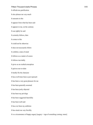Fifteen Thousand Useful Phrases 519
It affords me gratification
It also pleases me very much
It amounts to this
It appears from what has been said
It appears to me, on the contrary
It can rightly be said
It certainly follows, then
It comes to this
It could not be otherwise
It does not necessarily follow
It exhibits a state of mind
It follows as a matter of course
It follows inevitably
It gives us an exalted conception
It grieves me to relate
It hardly fits the character
It has at all times been a just reproach
It has been a very great pleasure for me
It has been generally assumed
It has been justly objected
It has been my privilege
It has been suggested fancifully
It has been well said
It has ever been my ambition
It has struck me very forcibly
It is a circumstance of happy augury [augury = sign of something coming; omen]
 