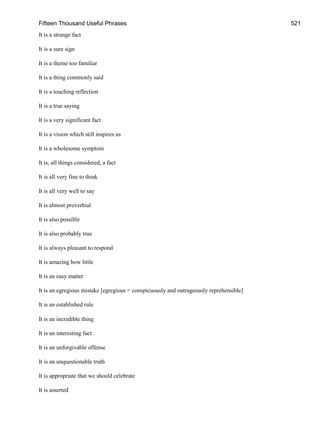 Fifteen Thousand Useful Phrases 521
It is a strange fact
It is a sure sign
It is a theme too familiar
It is a thing commonly said
It is a touching reflection
It is a true saying
It is a very significant fact
It is a vision which still inspires us
It is a wholesome symptom
It is, all things considered, a fact
It is all very fine to think
It is all very well to say
It is almost proverbial
It is also possible
It is also probably true
It is always pleasant to respond
It is amazing how little
It is an easy matter
It is an egregious mistake [egregious = conspicuously and outrageously reprehensible]
It is an established rule
It is an incredible thing
It is an interesting fact
It is an unforgivable offense
It is an unquestionable truth
It is appropriate that we should celebrate
It is asserted
 