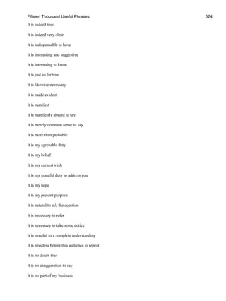 Fifteen Thousand Useful Phrases 524
It is indeed true
It is indeed very clear
It is indispensable to have
It is interesting and suggestive
It is interesting to know
It is just so far true
It is likewise necessary
It is made evident
It is manifest
It is manifestly absurd to say
It is merely common sense to say
It is more than probable
It is my agreeable duty
It is my belief
It is my earnest wish
It is my grateful duty to address you
It is my hope
It is my present purpose
It is natural to ask the question
It is necessary to refer
It is necessary to take some notice
It is needful to a complete understanding
It is needless before this audience to repeat
It is no doubt true
It is no exaggeration to say
It is no part of my business
 