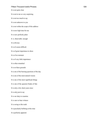 Fifteen Thousand Useful Phrases 526
It is not quite clear
It is not to me so very surprising
It is not too much to say
It is not unknown to you
It is not within the scope of this address
It is now high time for me
It is now perfectly plain
It is observable enough
It is obvious
It is of course difficult
It is of great importance to show
It is of no moment
It is of very little importance
It is often remarked
It is on these grounds
It is one of the burning questions of the day
It is one of the most natural visions
It is one of the most significant things
It is one of the queerest freaks of fate
It is only a few short years since
It is only just to say
It is our duty to examine
It is ours to bear witness
It is owing to this truth
It is peculiarly befitting at this time
It is perfectly apparent
 