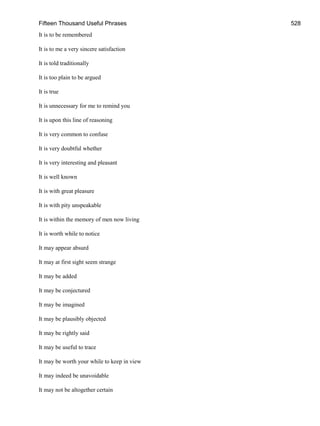 Fifteen Thousand Useful Phrases 528
It is to be remembered
It is to me a very sincere satisfaction
It is told traditionally
It is too plain to be argued
It is true
It is unnecessary for me to remind you
It is upon this line of reasoning
It is very common to confuse
It is very doubtful whether
It is very interesting and pleasant
It is well known
It is with great pleasure
It is with pity unspeakable
It is within the memory of men now living
It is worth while to notice
It may appear absurd
It may at first sight seem strange
It may be added
It may be conjectured
It may be imagined
It may be plausibly objected
It may be rightly said
It may be useful to trace
It may be worth your while to keep in view
It may indeed be unavoidable
It may not be altogether certain
 