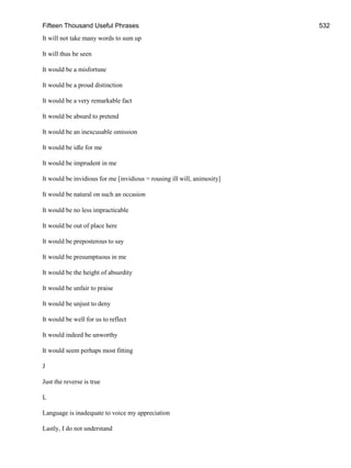 Fifteen Thousand Useful Phrases 532
It will not take many words to sum up
It will thus be seen
It would be a misfortune
It would be a proud distinction
It would be a very remarkable fact
It would be absurd to pretend
It would be an inexcusable omission
It would be idle for me
It would be imprudent in me
It would be invidious for me [invidious = rousing ill will, animosity]
It would be natural on such an occasion
It would be no less impracticable
It would be out of place here
It would be preposterous to say
It would be presumptuous in me
It would be the height of absurdity
It would be unfair to praise
It would be unjust to deny
It would be well for us to reflect
It would indeed be unworthy
It would seem perhaps most fitting
J
Just the reverse is true
L
Language is inadequate to voice my appreciation
Lastly, I do not understand
 