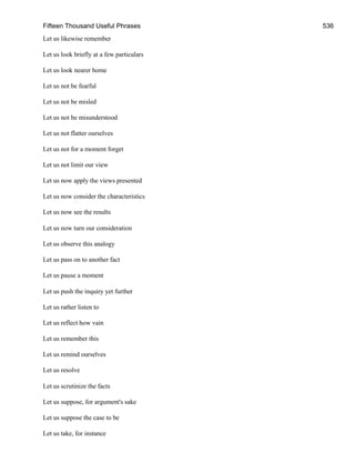 Fifteen Thousand Useful Phrases 536
Let us likewise remember
Let us look briefly at a few particulars
Let us look nearer home
Let us not be fearful
Let us not be misled
Let us not be misunderstood
Let us not flatter ourselves
Let us not for a moment forget
Let us not limit our view
Let us now apply the views presented
Let us now consider the characteristics
Let us now see the results
Let us now turn our consideration
Let us observe this analogy
Let us pass on to another fact
Let us pause a moment
Let us push the inquiry yet further
Let us rather listen to
Let us reflect how vain
Let us remember this
Let us remind ourselves
Let us resolve
Let us scrutinize the facts
Let us suppose, for argument's sake
Let us suppose the case to be
Let us take, for instance
 