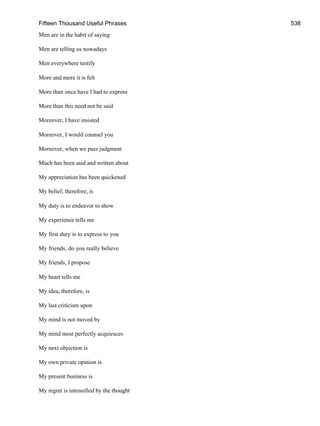 Fifteen Thousand Useful Phrases 538
Men are in the habit of saying
Men are telling us nowadays
Men everywhere testify
More and more it is felt
More than once have I had to express
More than this need not be said
Moreover, I have insisted
Moreover, I would counsel you
Moreover, when we pass judgment
Much has been said and written about
My appreciation has been quickened
My belief, therefore, is
My duty is to endeavor to show
My experience tells me
My first duty is to express to you
My friends, do you really believe
My friends, I propose
My heart tells me
My idea, therefore, is
My last criticism upon
My mind is not moved by
My mind most perfectly acquiesces
My next objection is
My own private opinion is
My present business is
My regret is intensified by the thought
 