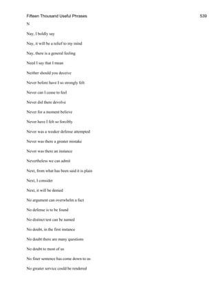 Fifteen Thousand Useful Phrases 539
N
Nay, I boldly say
Nay, it will be a relief to my mind
Nay, there is a general feeling
Need I say that I mean
Neither should you deceive
Never before have I so strongly felt
Never can I cease to feel
Never did there devolve
Never for a moment believe
Never have I felt so forcibly
Never was a weaker defense attempted
Never was there a greater mistake
Never was there an instance
Nevertheless we can admit
Next, from what has been said it is plain
Next, I consider
Next, it will be denied
No argument can overwhelm a fact
No defense is to be found
No distinct test can be named
No doubt, in the first instance
No doubt there are many questions
No doubt to most of us
No finer sentence has come down to us
No greater service could be rendered
 