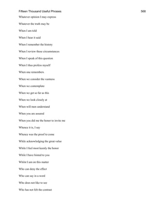 Fifteen Thousand Useful Phrases 568
Whatever opinion I may express
Whatever the truth may be
When I am told
When I hear it said
When I remember the history
When I review these circumstances
When I speak of this question
When I thus profess myself
When one remembers
When we consider the vastness
When we contemplate
When we get so far as this
When we look closely at
When will men understand
When you are assured
When you did me the honor to invite me
Whence it is, I say
Whence was the proof to come
While acknowledging the great value
While I feel most keenly the honor
While I have hinted to you
Whilst I am on this matter
Who can deny the effect
Who can say in a word
Who does not like to see
Who has not felt the contrast
 