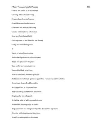 Fifteen Thousand Useful Phrases 593
Glances and smiles of tacit contempt
Gnawing at the vitals of society
Grace and gentleness of manner
Graceful succession of sentences
Gratuitous and arbitrary meddling
Greeted with unalloyed satisfaction
Grooves of intellectual habit
Growing sense of bewilderment and dismay
Guilty and baffled antagonists
H
Habits of unintelligent routine
Habitual self-possession and self-respect
Happy and gracious willingness
Hard-souled and joyously joyous
Haunted by blank misgivings
He affected neither pomp nor grandeur
He became more blandly garrulous [garrulous = excessive and trivial talk]
He declined the proffered hospitality
He dropped into an eloquent silence
He eludes analysis and baffles description
He glanced at her indulgently
He had the habit of self-engrossed silences
He harbored his misgivings in silence
He poured bitter and biting ridicule on his discomfited opponents
He spoke with sledgehammer directness
He suffers nothing to draw him aside
 