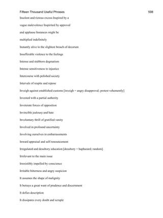 Fifteen Thousand Useful Phrases 598
Insolent and riotous excess Inspired by a
vague malevolence Inspirited by approval
and applause Instances might be
multiplied indefinitely
Instantly alive to the slightest breach of decorum
Insufferable violence to the feelings
Intense and stubborn dogmatism
Intense sensitiveness to injustice
Intercourse with polished society
Intervals of respite and repose
Inveigh against established customs [inveigh = angry disapproval; protest vehemently]
Invested with a partial authority
Inveterate forces of opposition
Invincible jealousy and hate
Involuntary thrill of gratified vanity
Involved in profound uncertainty
Involving ourselves in embarrassments
Inward appraisal and self-renouncement
Irregulated and desultory education [desultory = haphazard; random]
Irrelevant to the main issue
Irresistibly impelled by conscience
Irritable bitterness and angry suspicion
It assumes the shape of malignity
It betrays a great want of prudence and discernment
It defies description
It dissipates every doubt and scruple
 