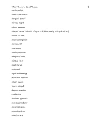 Fifteen Thousand Useful Phrases 12
amazing artifice
ambidextrous assistant
ambiguous grimace
ambitious project
ambling pedestrian
ambrosial essence [ambrosial = fragrant or delicious; worthy of the gods; divine.]
amiable solicitude
amicable arrangement
amorous youth
ample culture
amusing artlessness
analogous example
analytical survey
ancestral creed
ancient garb
angelic softness angry
protestations anguished
entreaty angular
features animated
eloquence annoying
complications
anomalous appearance
anonymous benefactor
answering response
antagonistic views
antecedent facts
 