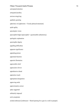 Fifteen Thousand Useful Phrases 13
anticipated attention
antiquated prudery
anxious misgiving
apathetic greeting
aphoristic wit [aphoristic = Tersely phrased statement]
apish agility
apocalyptic vision
apocryphal lodger [apocryphal = questionable authenticity]
apologetic explanation
apostrophic dignity
appalling difficulties
apparent significance
appealing picture
appointed function
apposite illustration
appreciable relief
appreciative fervor
apprehensive dread
apprentice touch
appropriate designation
approving smile
approximately correct
aptly suggested
arbitrarily imposed
arch conspirator
arched embrasure [embrasure = flared opening for a gun in a wall or parapet]
 